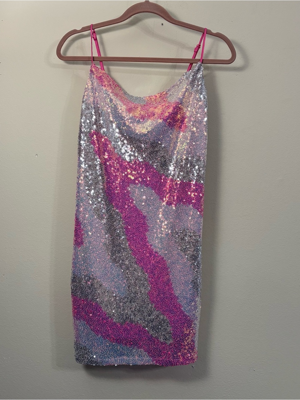 Midnight doll Sequin Mini Dress some s L Pink Silver spaghetti straps party